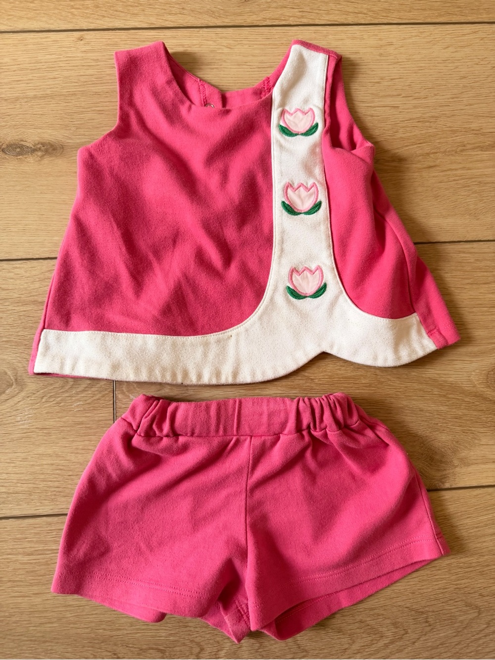 Girls Pink Two-Piece Floral Trim Tank & Shorts Set